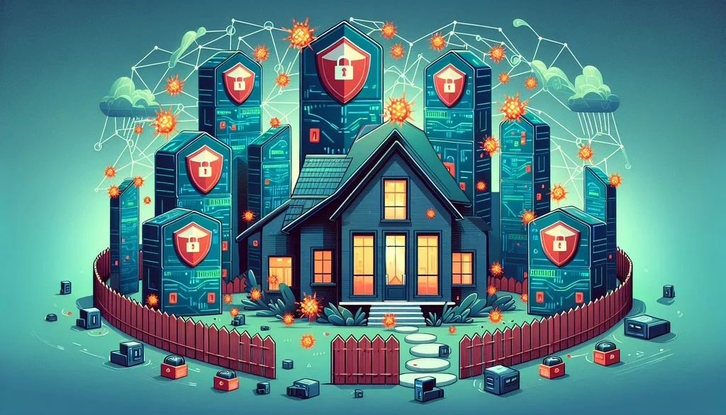 Una casa detrás de una valla roja respaldada por torres de servidores con escudos de candado, con ráfagas naranjas de malware a su alrededor contenidas por defensas parcheadas.
