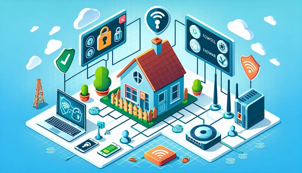 Escena isométrica de red doméstica con una casa conectada a un portátil, un teléfono y un router, además de iconos flotantes de candado y escudo para el control de acceso.