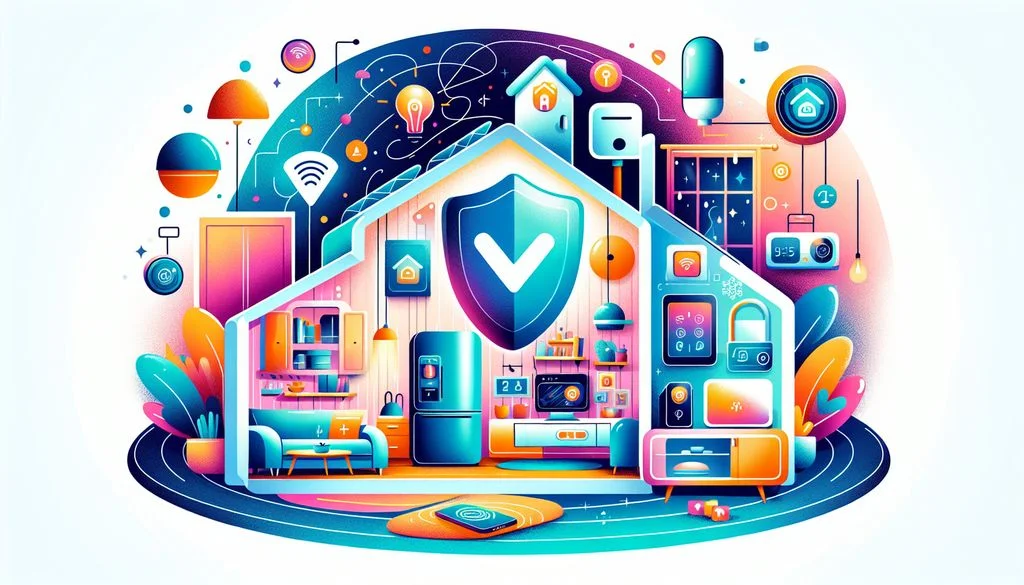 Vista en corte del interior de una casa inteligente con un gran escudo con marca de verificación central e iconos de dispositivos conectados, que representa una red protegida libre de malware.