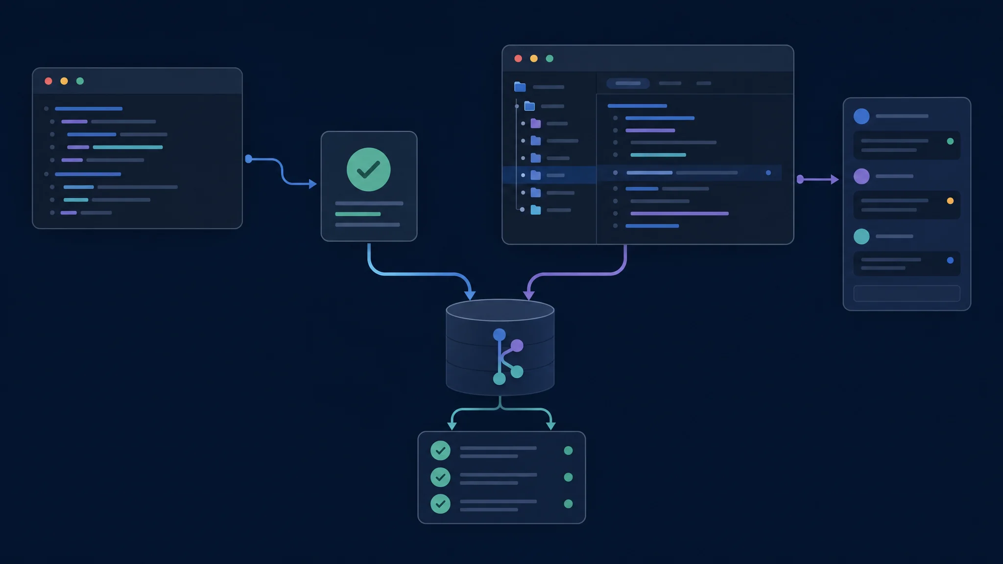 Paneles de automatización de terminal y revisión de escritorio conectados al mismo repositorio y a una lista de validación independiente