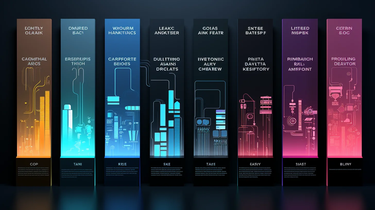 Secciones que presentan términos relacionados con la tecnología. Una representación visual de diversos conceptos tecnológicos.