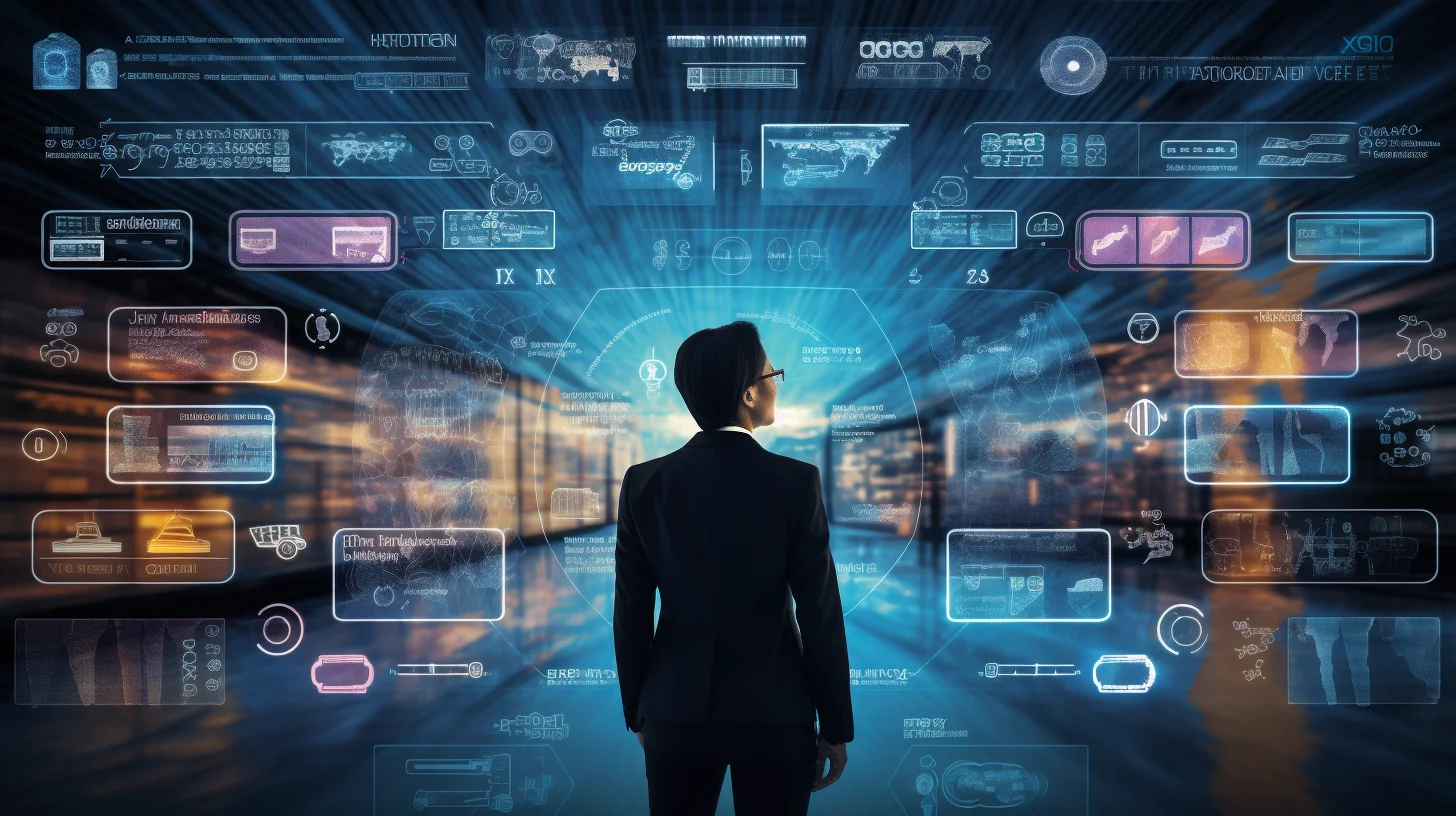 Secciones que destacan términos relacionados con la tecnología. Una representación visual de diversos conceptos tecnológicos alrededor de un hombre con traje.