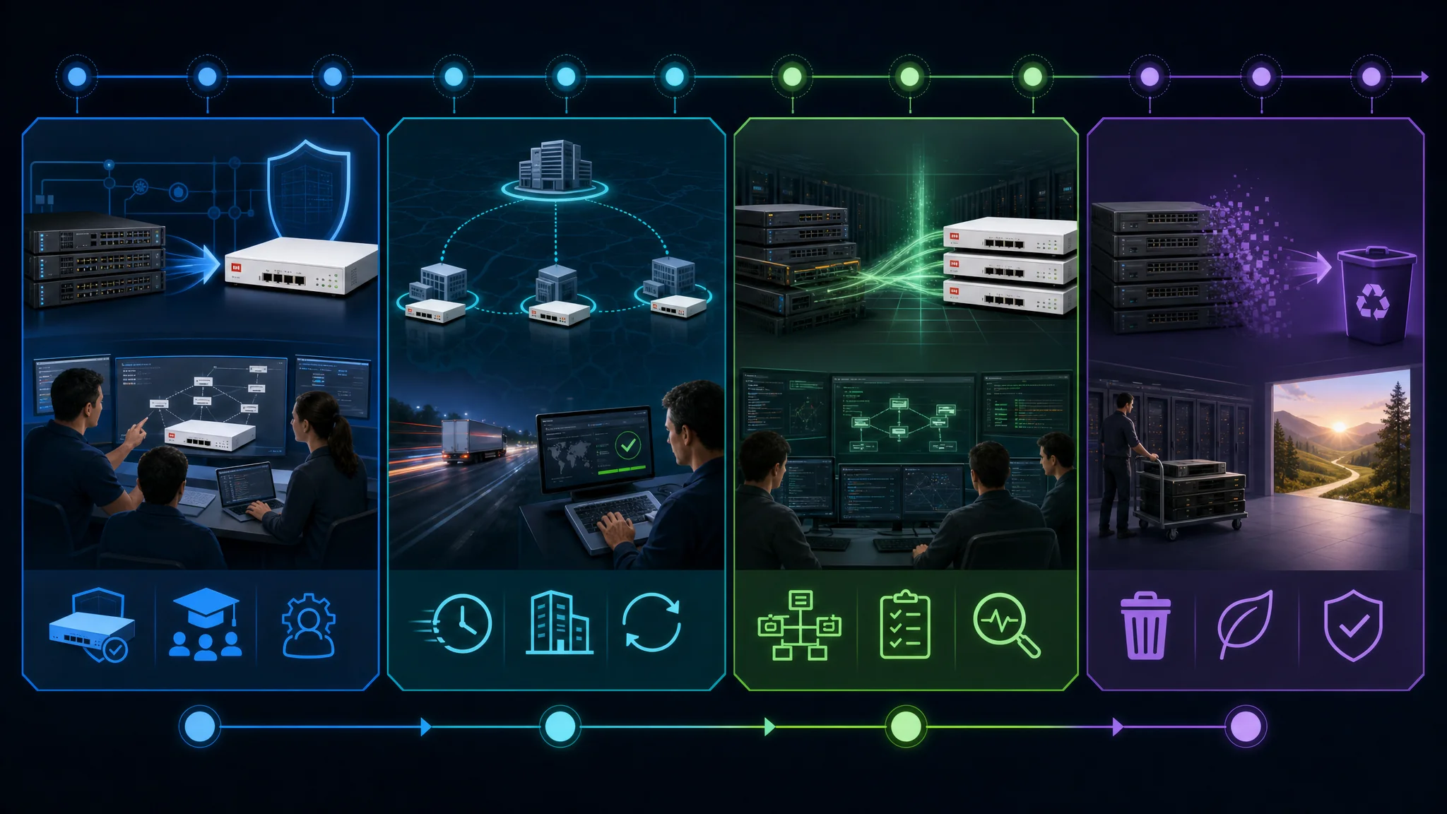 Diagrama de línea de tiempo que muestra una migración en fases de 12 meses de Cisco a Fortinet en seguridad de red cubriendo despliegue piloto en meses 1 a 2, despliegue en sucursales en meses 3 a 6, cambio de centro de datos en meses 7 a 9 y desmantelamiento final en meses 10 a 12