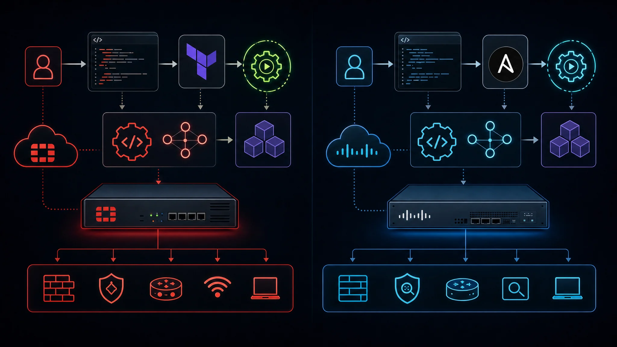 Diagrama comparativo del flujo de trabajo de automatización REST API de FortiGate y Terraform contra la API de Cisco Firepower Management Center y módulos Ansible para infraestructura de seguridad de red como código