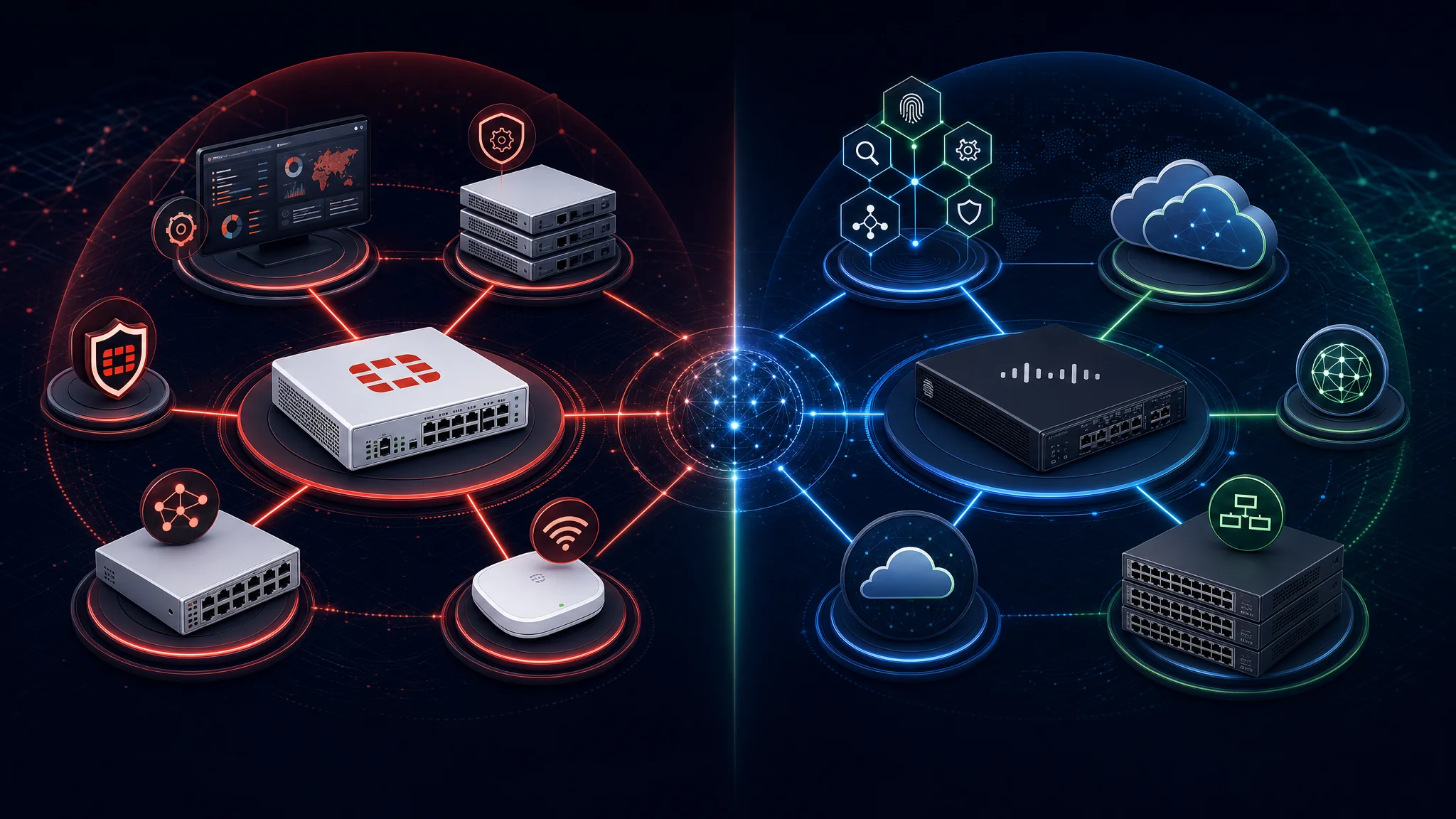Diagrama comparativo que muestra el ecosistema de productos Fortinet Security Fabric incluyendo FortiGate, FortiSwitch, FortiManager y FortiAP versus el ecosistema Cisco Secure que incluye Firepower, Catalyst, SecureX y Umbrella