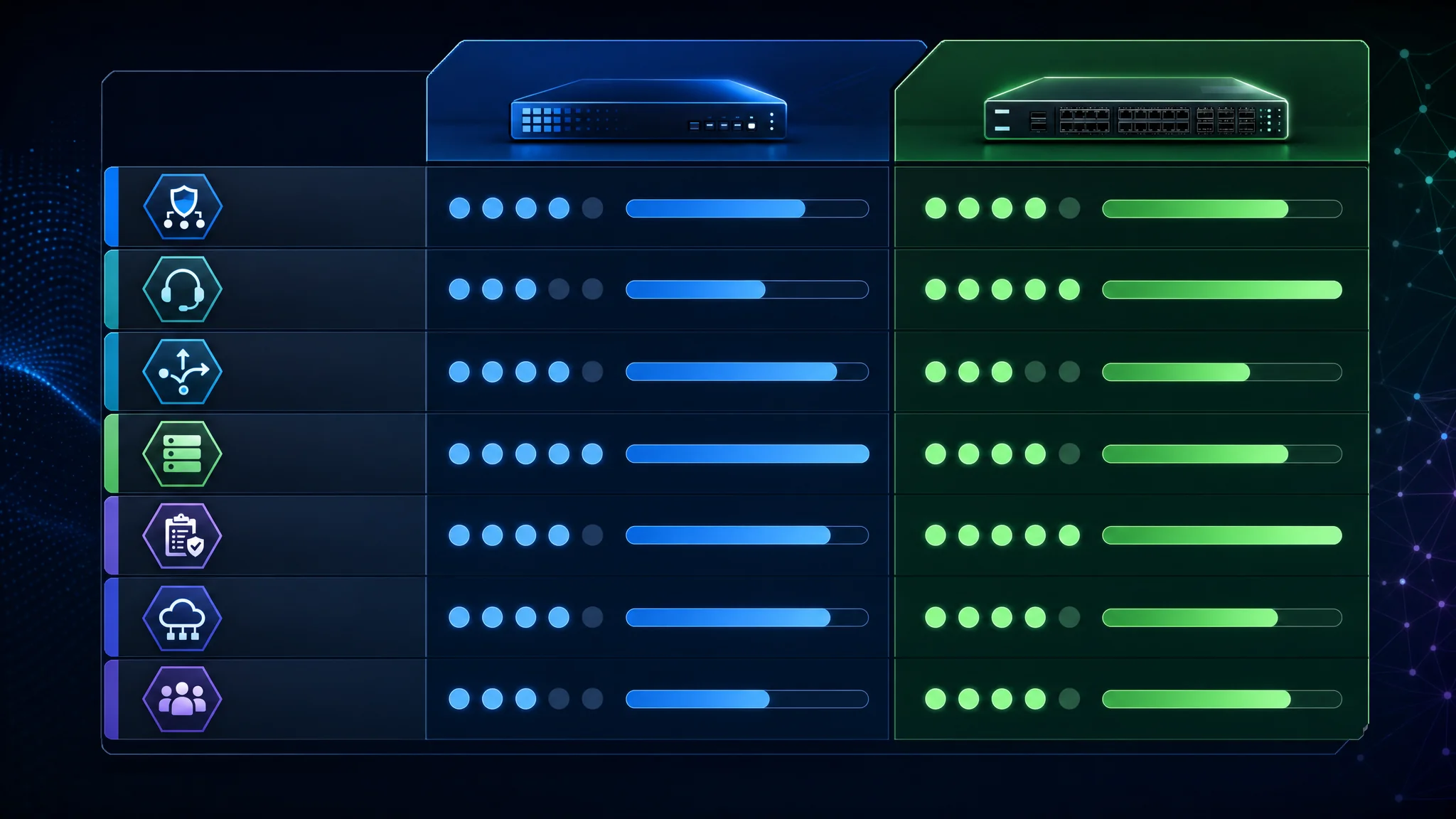 Cuadro de puntuación del marco de decisión que muestra cómo elegir entre Fortinet y Cisco basado en criterios ponderados incluyendo costo, rendimiento, simplicidad de gestión, integración del ecosistema y requisitos de soporte