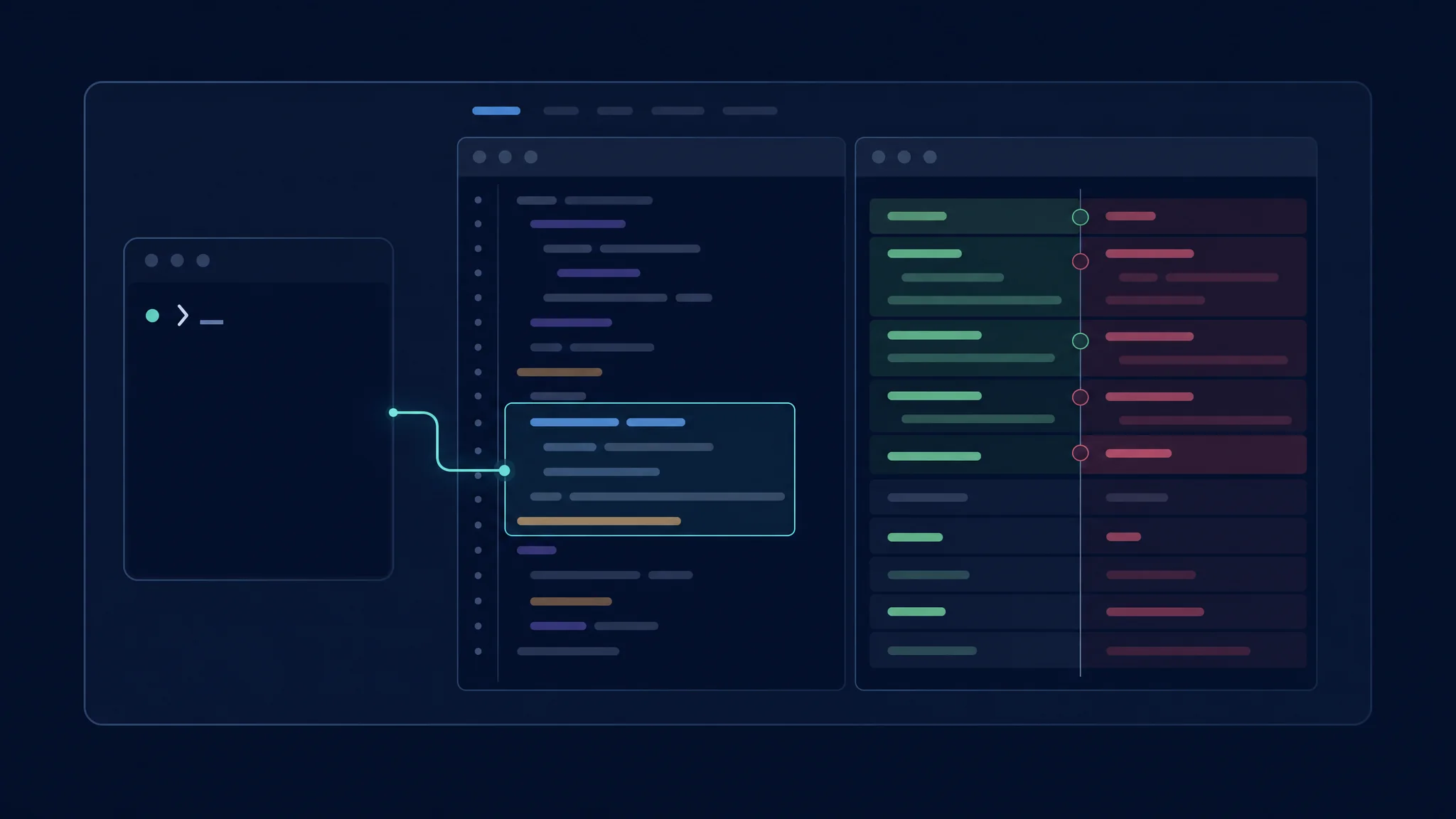 Indicación de terminal vinculada a una selección del editor y una diferencia de código lado a lado en un espacio de repositorio