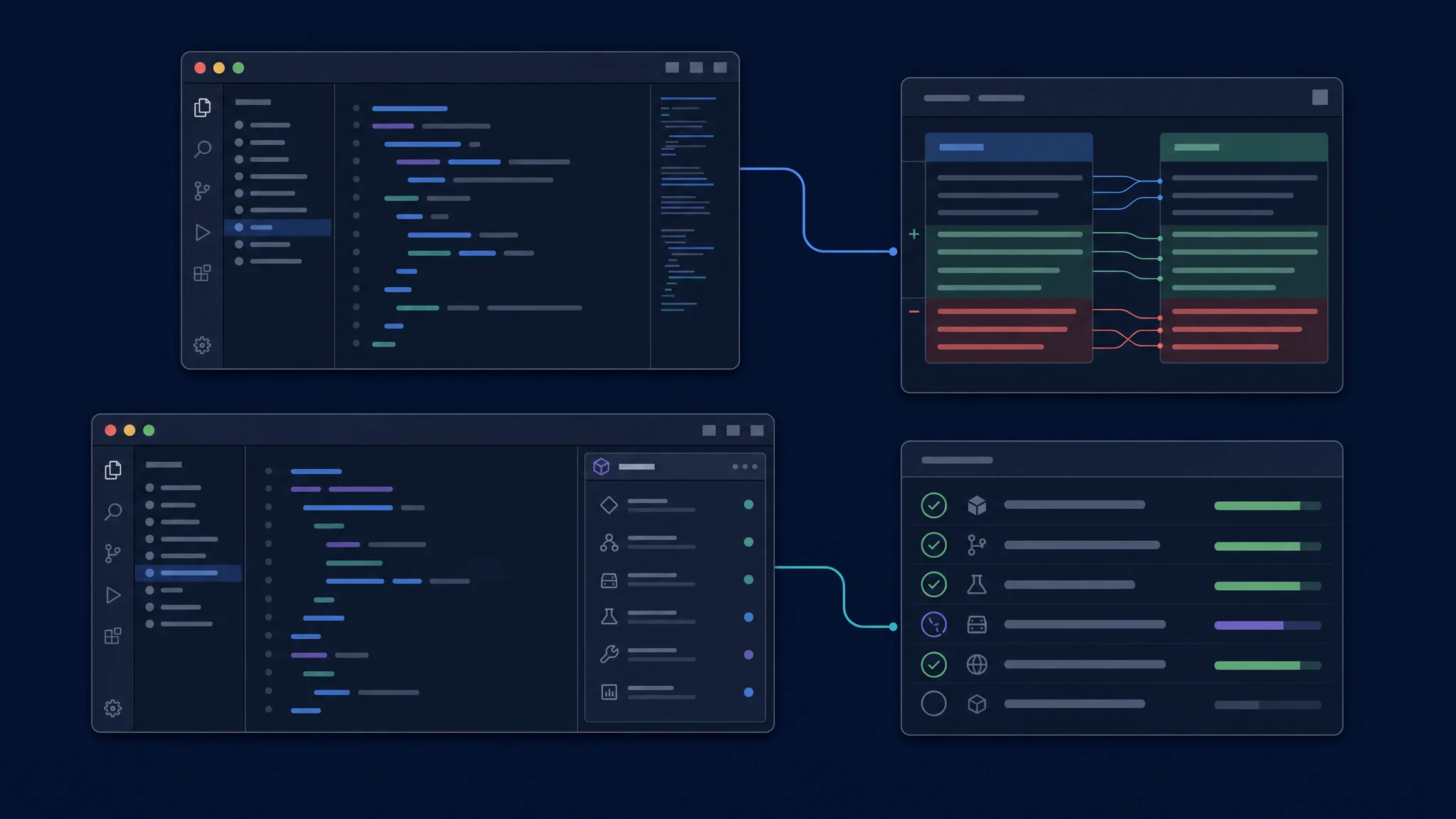 Los diseños de un editor completo y una extensión convergen en un diff visual, un panel de diagnósticos y una lista de pruebas independiente