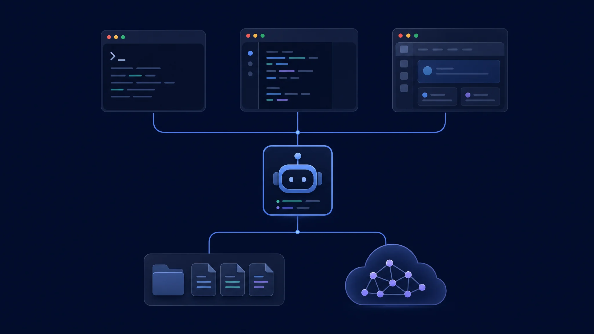 Clientes de terminal y escritorio conectados a un servidor de agente, archivos del repositorio y un servicio de inferencia separado