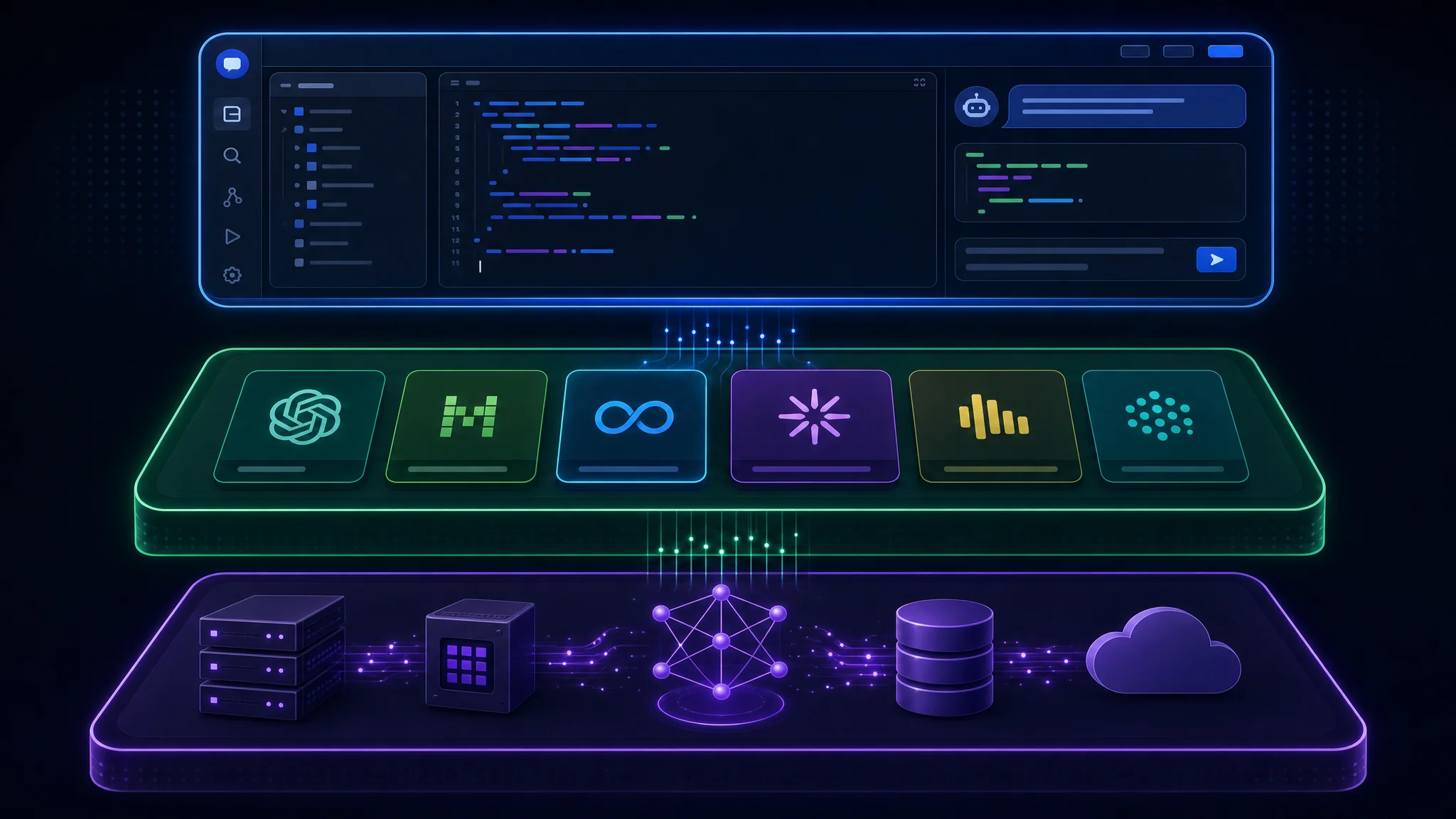 Diagrama que separa la interfaz del agente de programación, la selección del modelo y los servicios de inferencia locales o alojados