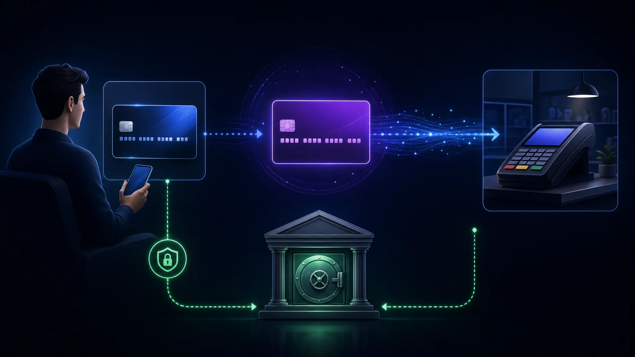 Diagrama que muestra un número de tarjeta virtual que va al comerciante mientras el número real de la tarjeta permanece entre el titular y el banco emisor