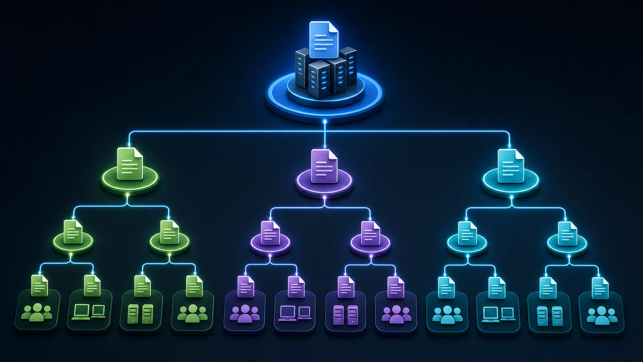 Diagrama que muestra la jerarquía e herencia de GPOs dentro de un dominio de Active Directory, desde GPOs a nivel de dominio hasta GPOs de unidades organizativas