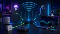 Una ilustración de una configuración moderna de red doméstica, con un router elegante, dispositivos IoT inteligentes y un portátil, todo sobre un fondo oscuro con acentos vibrantes en azul, verde y morado.