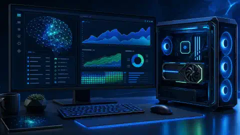 Estación de trabajo con GPU de escritorio, gráficos abstractos y una red neuronal en el monitor