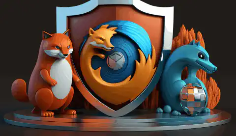 Una imagen animada en 3D con tres iconos de navegador de dibujos animados, Brave, Firefox y Tor, rodeados por un escudo que simboliza la protección de la privacidad, con un candado en la parte superior.