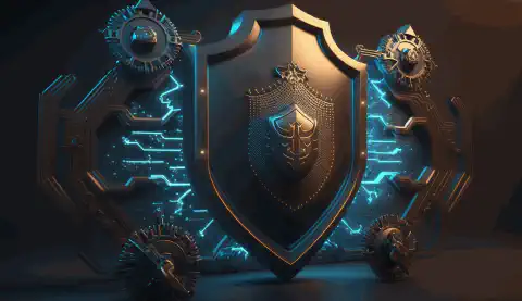 Imagen animada en 3D de un escudo que protege un grupo de dispositivos IoT conectados, simbolizando la importancia de la ciberseguridad para las redes IoT.
