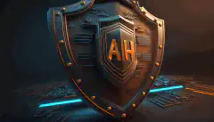 Una imagen animada en 3D de un escudo con las letras AI sobre él, bloqueando las flechas entrantes que simbolizan las ciberamenazas.
