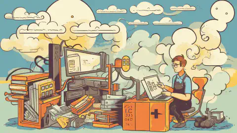 Imagen de dibujos animados de un empaquetador que crea diferentes imágenes de máquinas para varias plataformas, con un ordenador portátil y nubes de fondo.