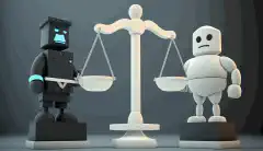 Imagen de dibujos animados de dos personajes que representan herramientas de seguridad comerciales y de código abierto, situadas en lados opuestos de una balanza equilibrada, simbolizando los pros y los contras de cada opción.