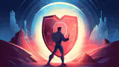 Imagen de dibujos animados que muestra a una persona con un escudo protegiendo un entorno digital de las ciberamenazas.