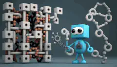 Un personaje de dibujos animados que sostiene una llave en una mano y una cadena de bloques en la otra, rodeado por una red de nodos y bloques interconectados.