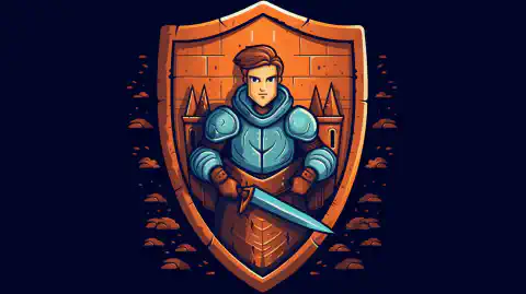  Un personaje de dibujos animados supera las ciberamenazas con un escudo y una espada.