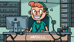 Un personaje de dibujos animados sentado en un escritorio, rodeado de servidores y cables, con el logotipo de Ansible en la pantalla del ordenador, sonriendo mientras se automatizan tareas.