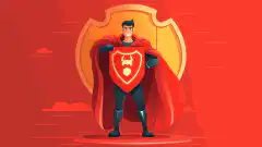 Personaje de dibujos animados con capa de superhéroe que sostiene un escudo con el símbolo de un candado.