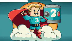 Un personaje de dibujos animados con una capa sostiene un escudo con el número 3, mientras está de pie encima de dos cajas de almacenamiento, una que representa un disco duro y la otra una nube, y señala un globo terráqueo que representa el almacenamiento externo.