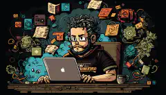 Un desarrollador de dibujos animados sentado en un escritorio con un portátil, rodeado de diversos elementos HTML, CSS y JavaScript que flotan en el aire a su alrededor.