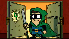 Un hacker de dibujos animados con una capa y una máscara, parado frente a la puerta de una bóveda con el logotipo de HTB y sosteniendo una herramienta (como una llave inglesa o un destornillador) con un fondo verde que simboliza el éxito y la bandera en una burbuja de diálogo arriba su cabeza