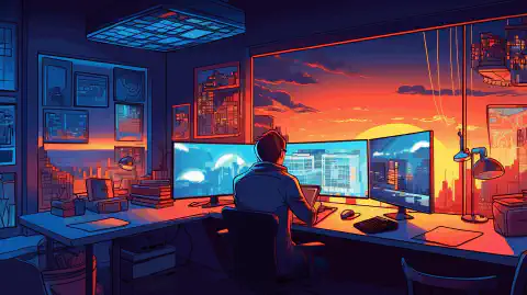 Una ilustración de dibujos animados que muestra a un desarrollador trabajando en un entorno racionalizado y eficiente con las herramientas Dev Home y Dev Drive.
