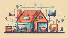 Una ilustración de dibujos animados que muestra una casa con dispositivos interconectados, tanto cableados como inalámbricos, representando una configuración ideal de internet en el hogar.