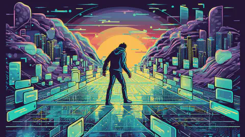 Una ilustración de dibujos animados que representa a una persona que pasa del mundo de la informática al de la ciberseguridad.