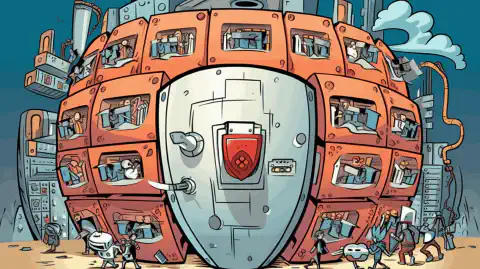 Ilustración de dibujos animados que representa un escudo que protege un servidor de red de las ciberamenazas.