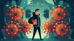 Ilustración de dibujos animados de un profesional de la ciberseguridad con un escudo defendiéndose de un enjambre de virus digitales.