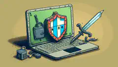 Ilustración de dibujos animados de un ordenador portátil con un candado, con un escudo y una espada que representan la ciberseguridad, de fondo.