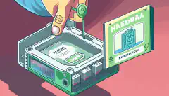Una ilustración de dibujos animados de una persona que sostiene un Nebra Helium Miner con un panel abierto que revela la ranura para tarjetas SD y los pasos de la guía que aparecen como una guía flotando por encima del dispositivo.