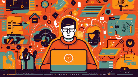 Ilustración de dibujos animados de una persona trabajando en un ordenador portátil con iconos y símbolos relacionados con la ciberseguridad a su alrededor.