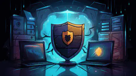 Ilustración animada de un escudo que protege un servidor informático de las ciberamenazas.