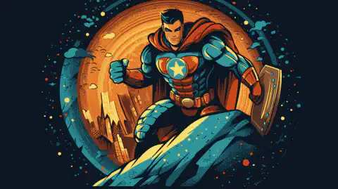 Ilustración de dibujos animados de un superhéroe con un escudo que protege el mundo digital de los piratas informáticos y las ciberamenazas.