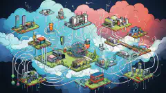 Una ilustración de dibujos animados que muestra varios componentes de red y opciones de conectividad en la nube