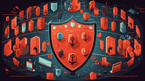 Ilustración de dibujos animados que muestra un escudo que protege una red de dispositivos interconectados de amenazas maliciosas.
