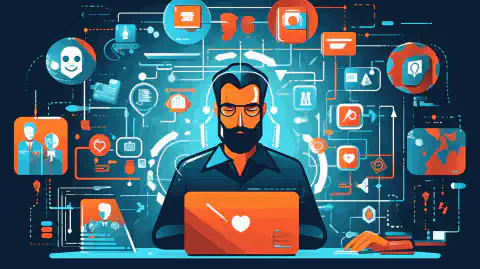 Una imagen de dibujos animados que representa a un analista de ciberseguridad trabajando en un ordenador, rodeado de iconos de candados y flujos de datos, simbolizando la importancia de proteger los activos digitales y la información.