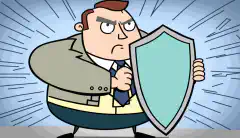 Una imagen de dibujos animados de un empresario que sostiene un escudo con la etiqueta de seguro de ciberseguridad y bloquea las ciberamenazas.