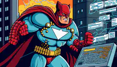 Una imagen de dibujos animados de un superhéroe de la ciberseguridad defendiendo una ciudad contra las ciberamenazas.