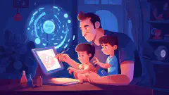 Imagen de dibujos animados de un padre y su hijo utilizando juntos un ordenador, con el niño sosteniendo una lupa y el padre señalando la pantalla.