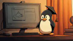 Imagen de dibujos animados de un pingüino con una gorra de graduación, sosteniendo un diploma y de pie delante de un ordenador con un entorno de escritorio Linux de fondo.
