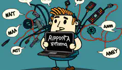 Una imagen de dibujos animados de una persona que sostiene un ordenador portátil mientras está rodeada de varios componentes de hardware informático y cables de red, con una burbuja de pensamiento que muestra una serie de acrónimos de CompTIA A+ y procedimientos de solución de problemas.