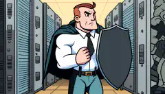 Una imagen de dibujos animados de una persona que sostiene un escudo y monta guardia delante de una sala de servidores para representar la protección y seguridad que proporciona la aplicación de parches.